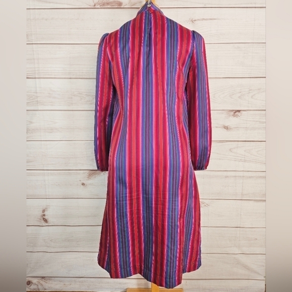 Vintage Melissa Pussybow Necktie Midi Dress in Red and Purple Satin Stripe Sz 6 - Picture 3 of 11